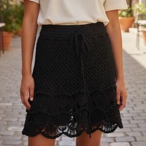 Nick & Mo Crochet Mini Skirt Black Lace Drawstring Waist ALine Casual